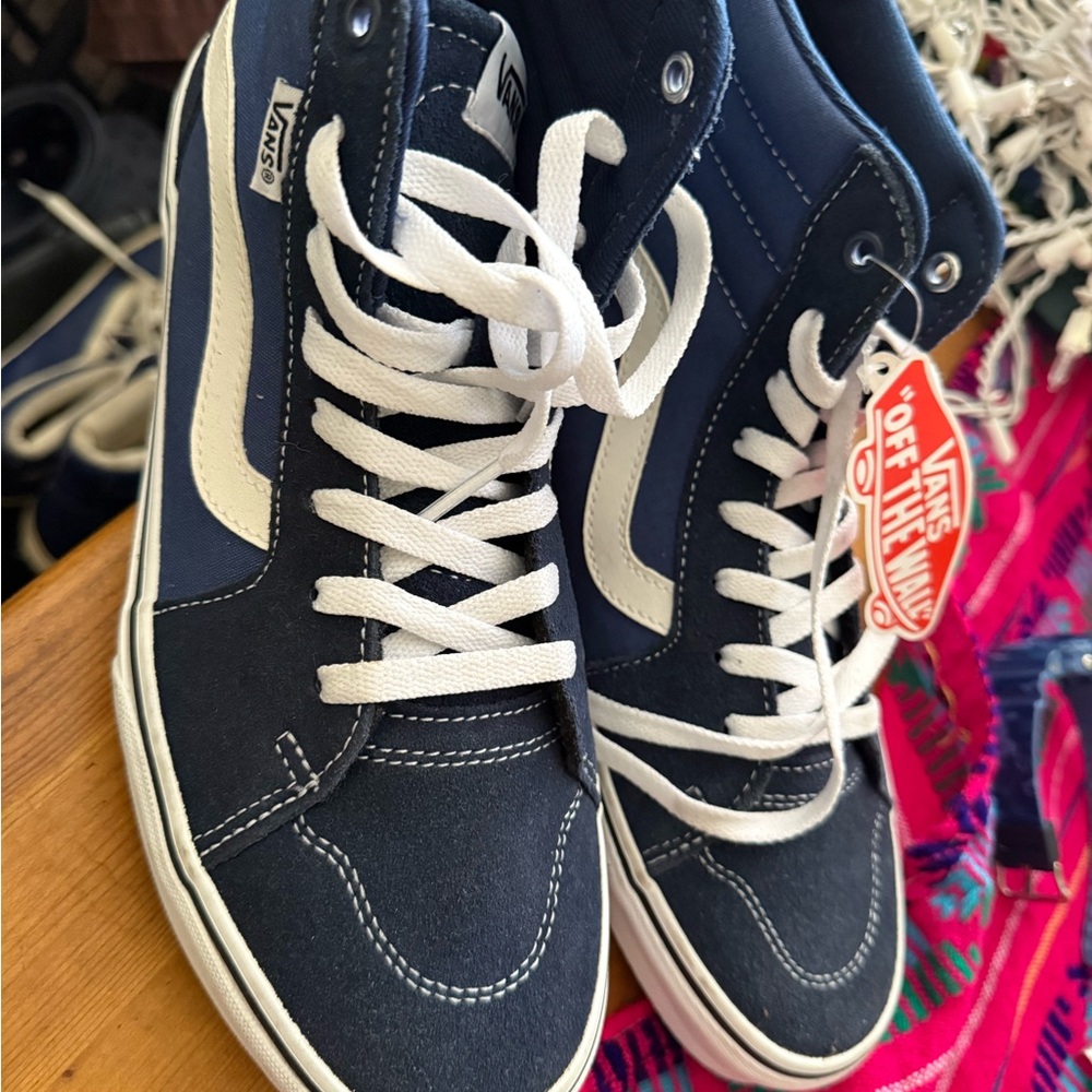 Vans Men's Blue and White High-Top Sneakers